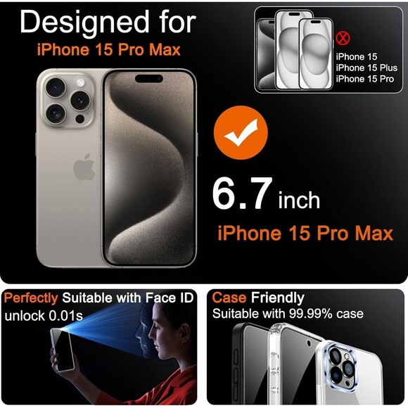 Milomdoi 3 Pack Screen Protector for Apple iPhone 15 Pro with 3 Pk Tempered Glas - Picture 5 of 6